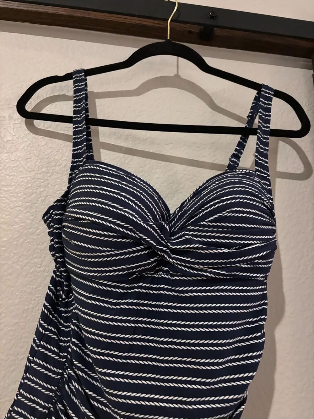 Women’s Striped Navy and White One-Piece Swimsuit with Twist Front